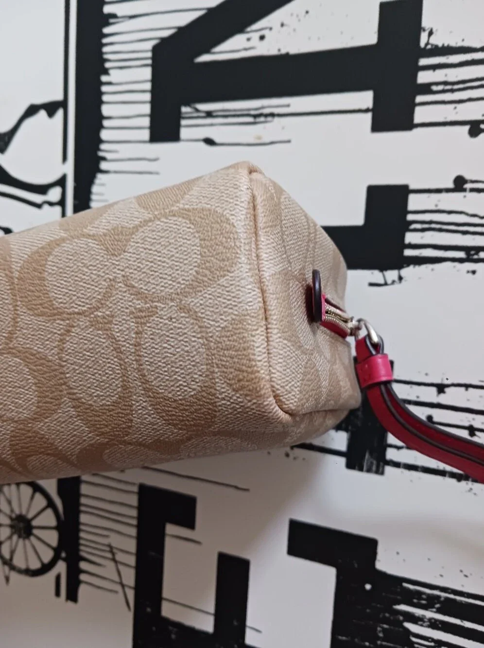 Coach Boxy Beige Signature Carriage Wristlet with Pink Strap and Red Heart